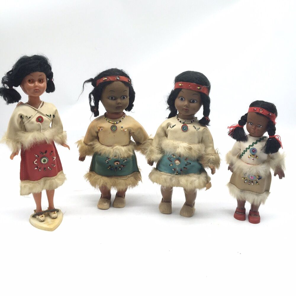 Vtg Lot Native American Dolls Made In Hong Kong 1960s 70s Papoose Set Of 4 READ